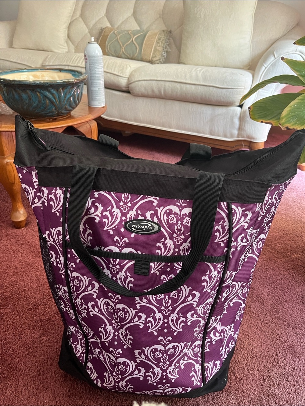Purple Patterned Rolling Storage Tote with Black Trim